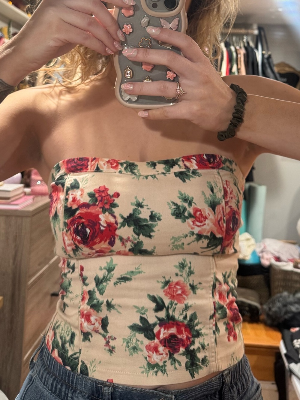 Ambiance Beige Floral Strapless Bustier Top
